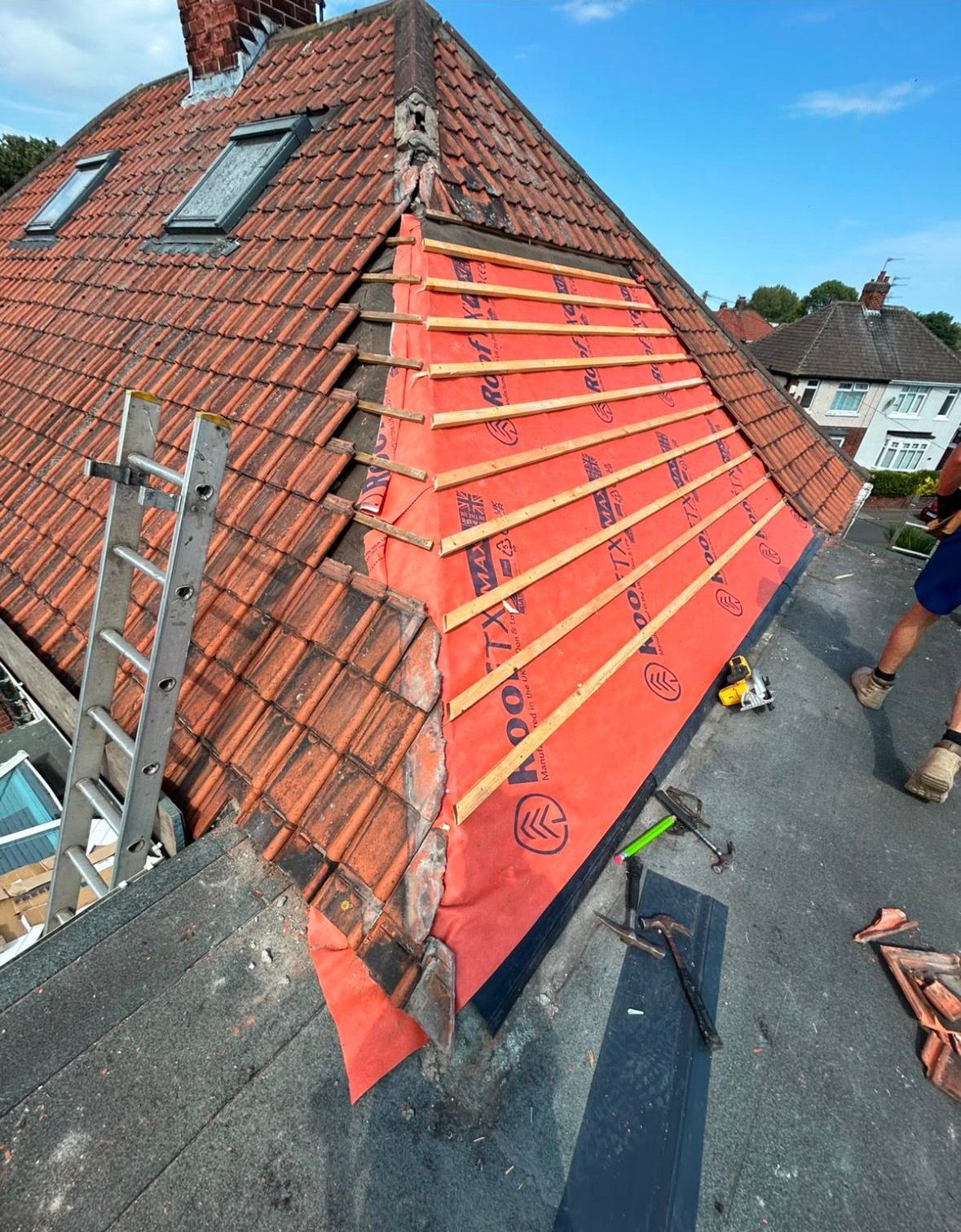 Roof slope re-felted and re-battened before tiles are relaid in Stockton-on-Tees