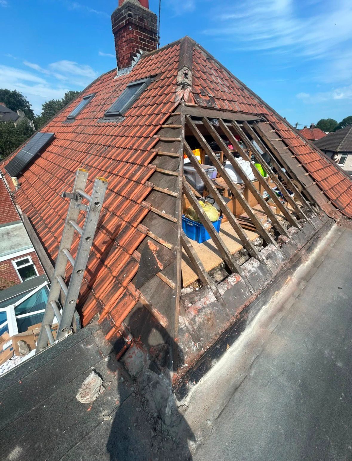 Roof stripped to the rafters and re-battened during a full re-roof in Stockton-on-Tees
